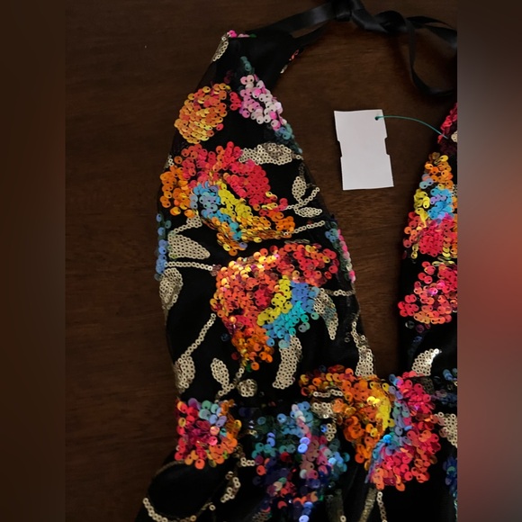 SOLD!!! Size Small Sequin Floral Colorful Dress Halter Top Black Shiny - Picture 5 of 12